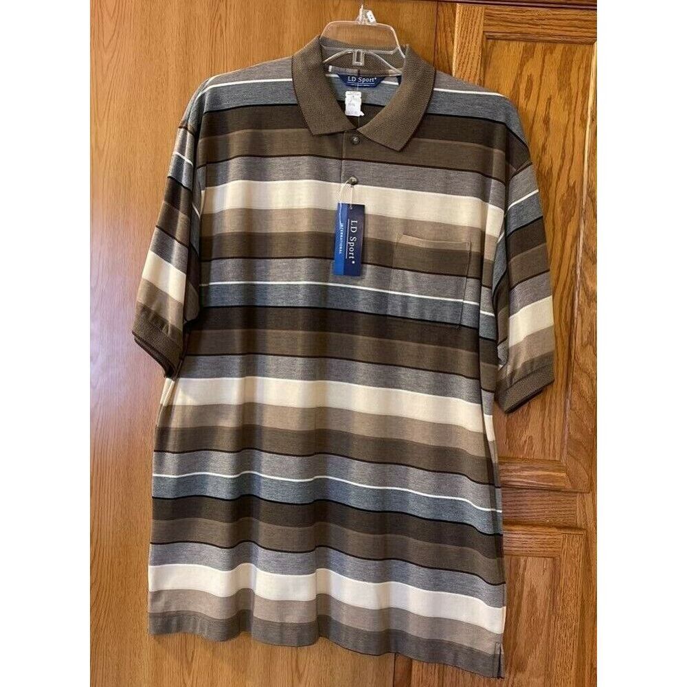 Ld Sport Mens Activewear Polo Shirt Brown Ivory Striped Short Sleeve 2XL New